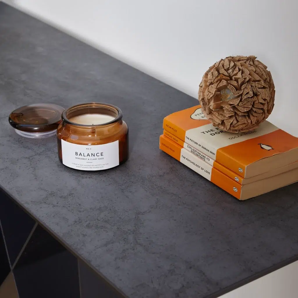 Etna Shadow Grey Ceramic Console Table with Matte Finish and Black Metal Frame