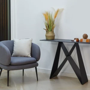 Etna Shadow Grey Ceramic Console Table with Matte Finish and Black Metal Frame