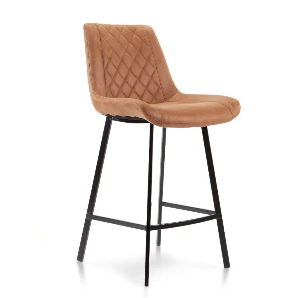 Cognac ultrasuede bar stools with diamond stitching and black metal frame set of 2