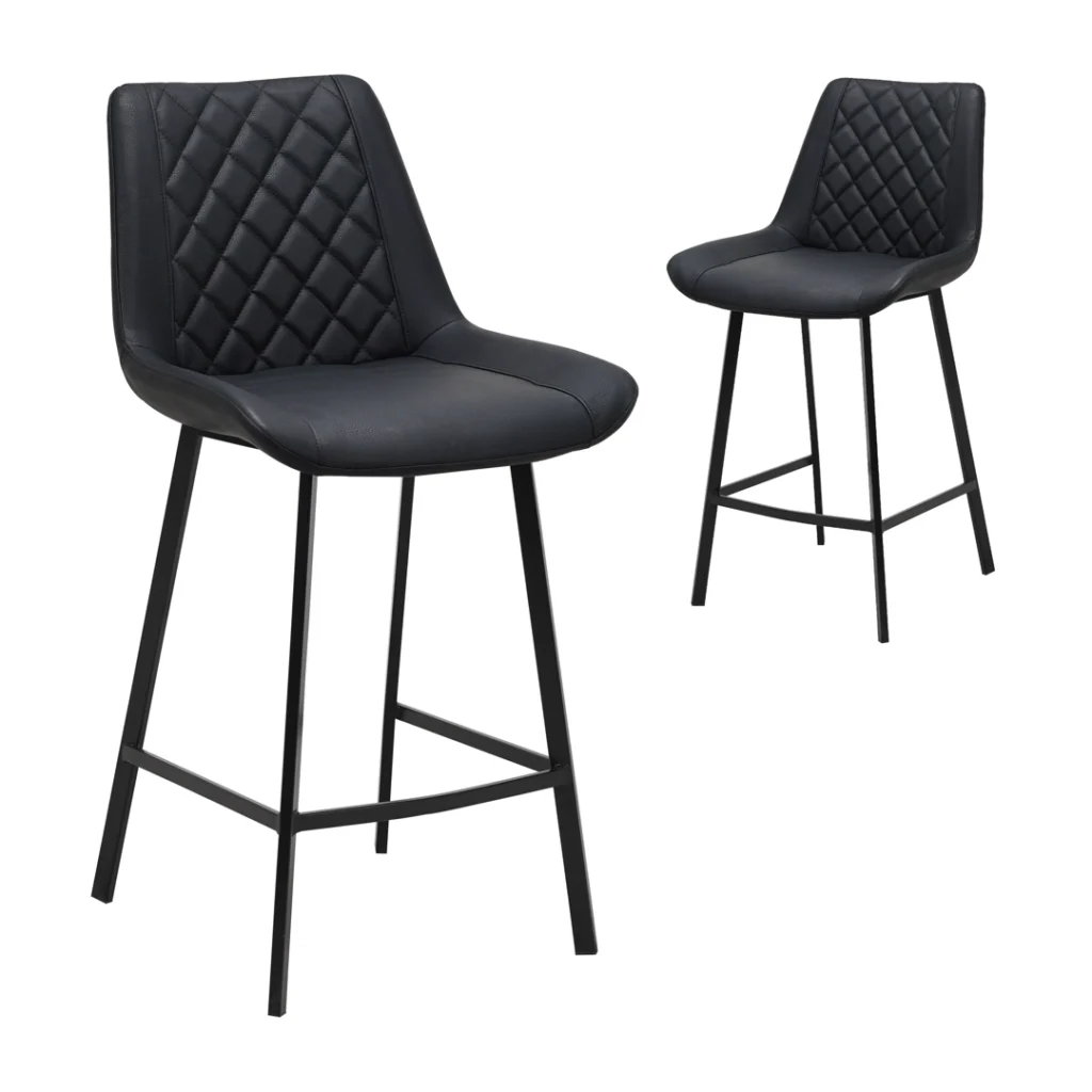 Black Flynn bar stools set of 2 with diamond stitching and metal frame for kitchen or bar