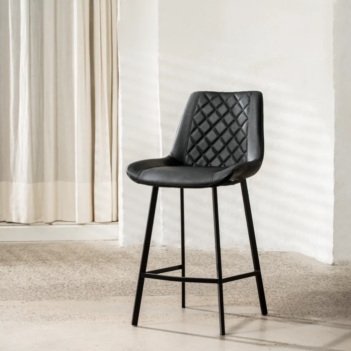 Black Flynn bar stools set of 2 with diamond-stitched PU leather and modern metal frame