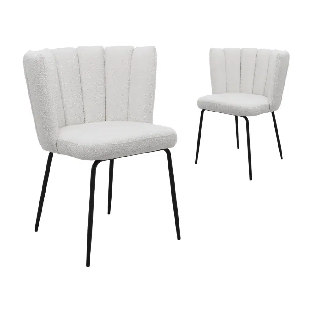 Beige boucle dining chair with scalloped seat and black metal frame set of 2