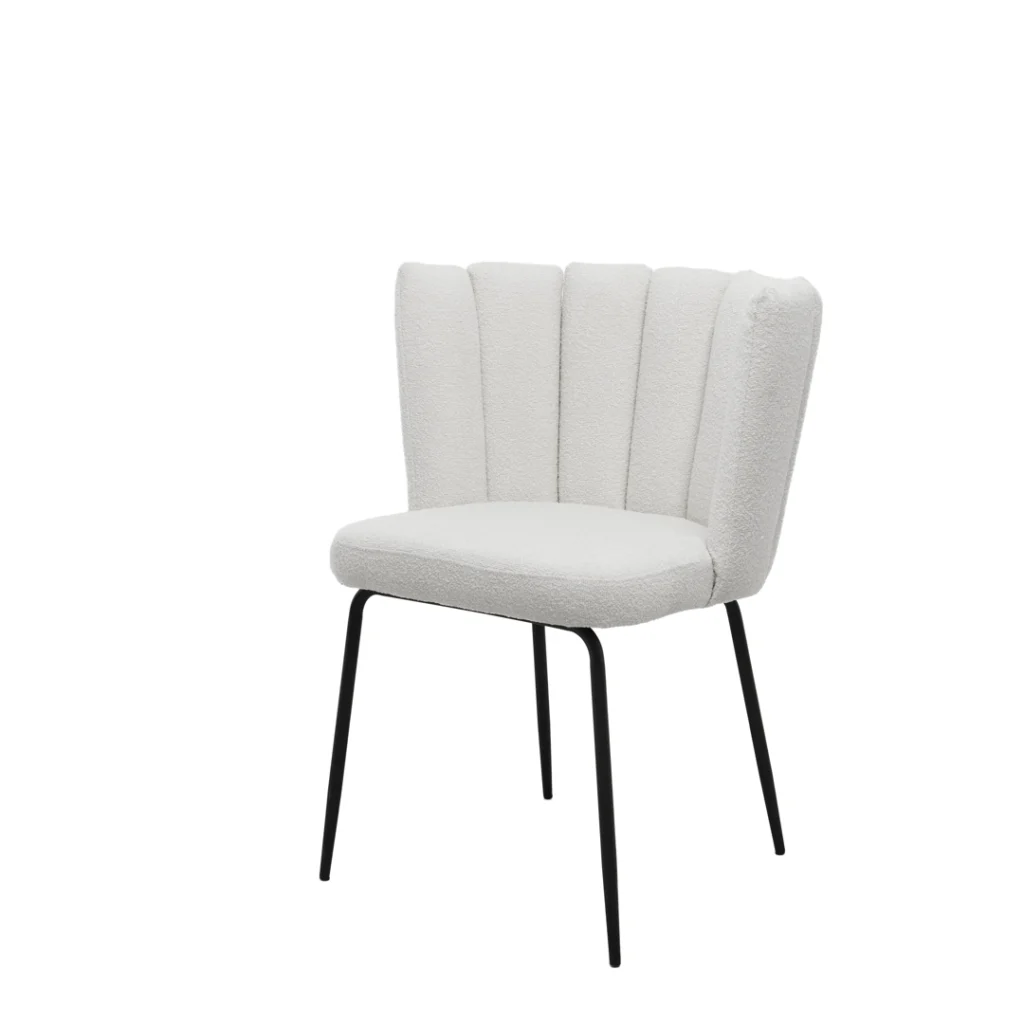 Beige boucle dining chair with scalloped seat and black metal frame set of 2