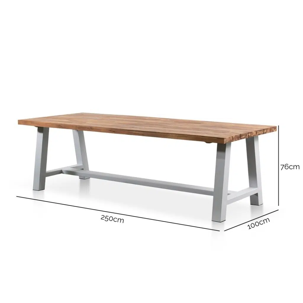 Finn 2.5m outdoor dining table with natural acacia wood top and white steel base