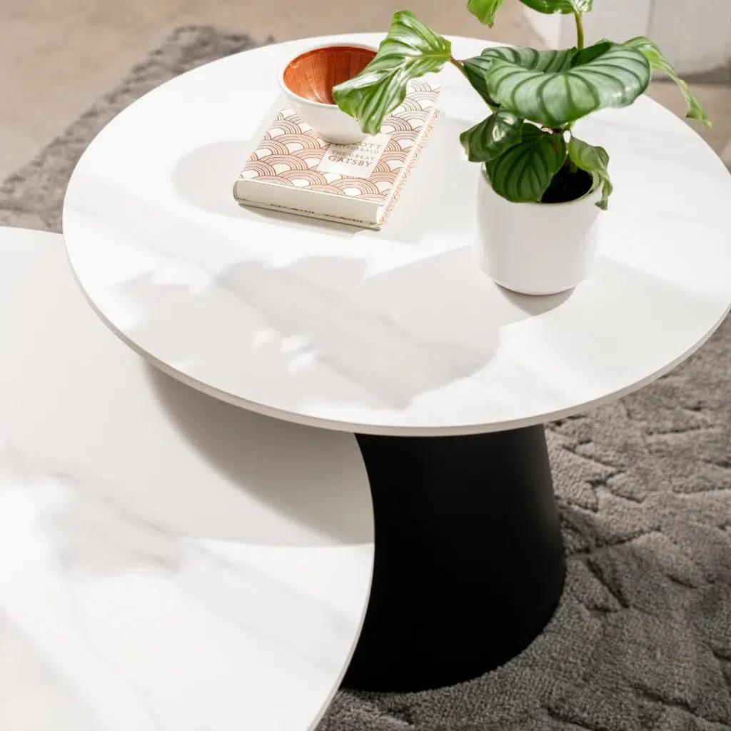 Snow white ceramic coffee table set with black metal frame modern living room decor