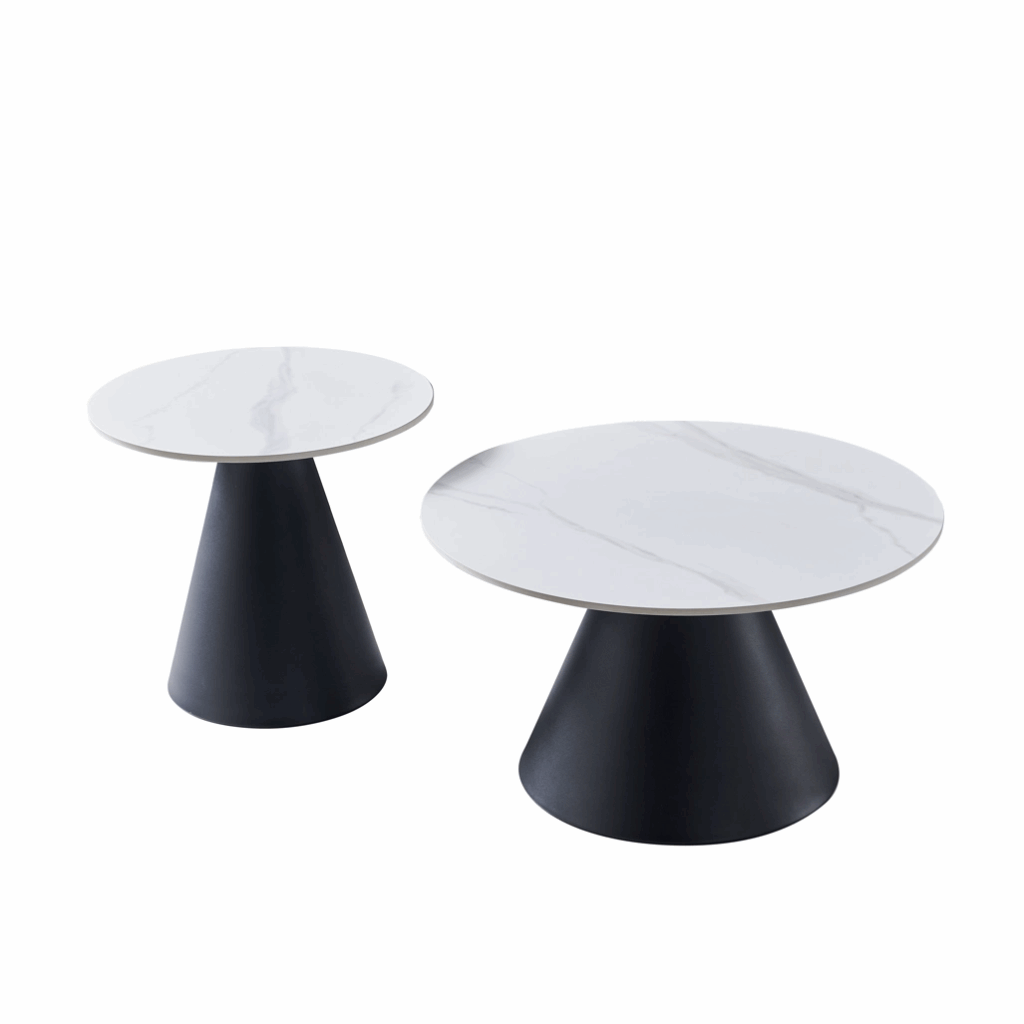 Snow white ceramic coffee table set with black metal frame, modern modular design for living room