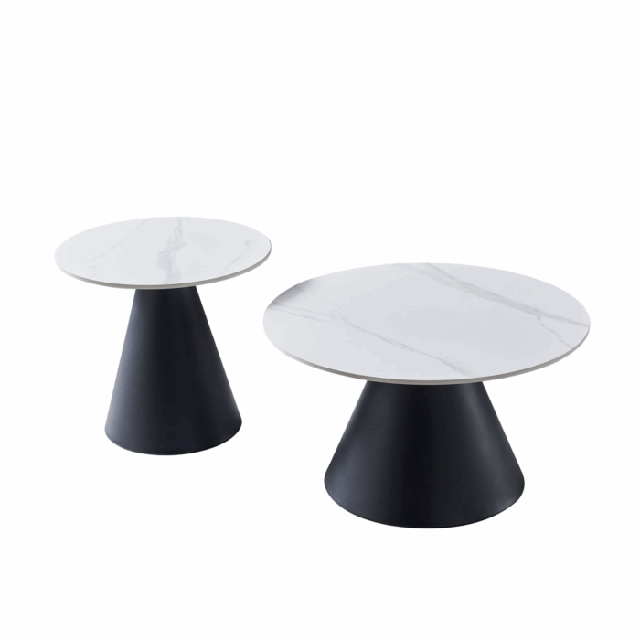 Snow white ceramic coffee table set with black metal frame, modern modular design for living room