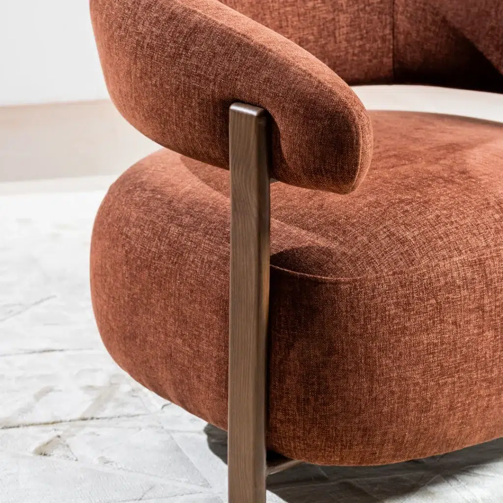 Hampton occasional chair in rust chenille with walnut frame for living room or reading nook