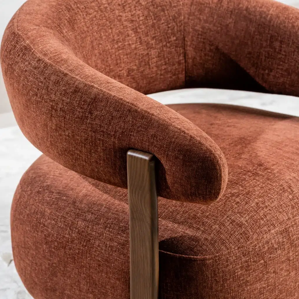 Hampton occasional chair in rust chenille with walnut frame for living room or reading nook