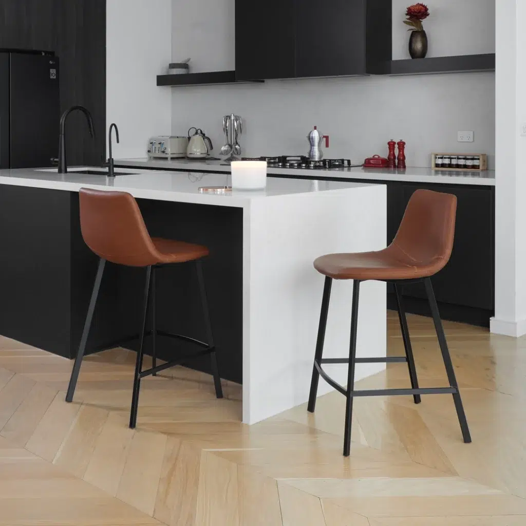 Hugo Bar Stool Set of 2 Cognac Eco Leather with Black Powder-Coated Legs