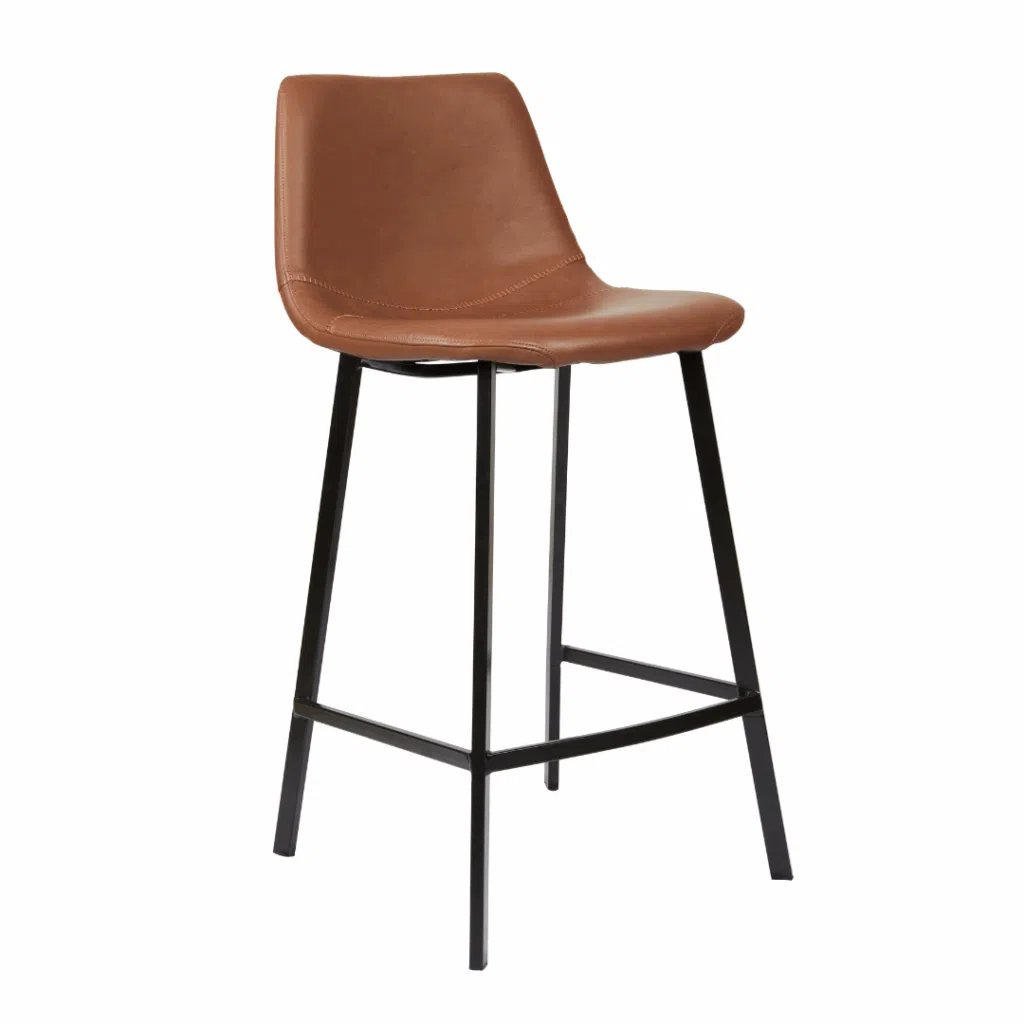 Hugo Bar Stool Cognac Set of 2 with black powder-coated legs and eco leather seat