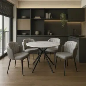 Harper round dining table with white marble-look sintered stone top and black timber legs