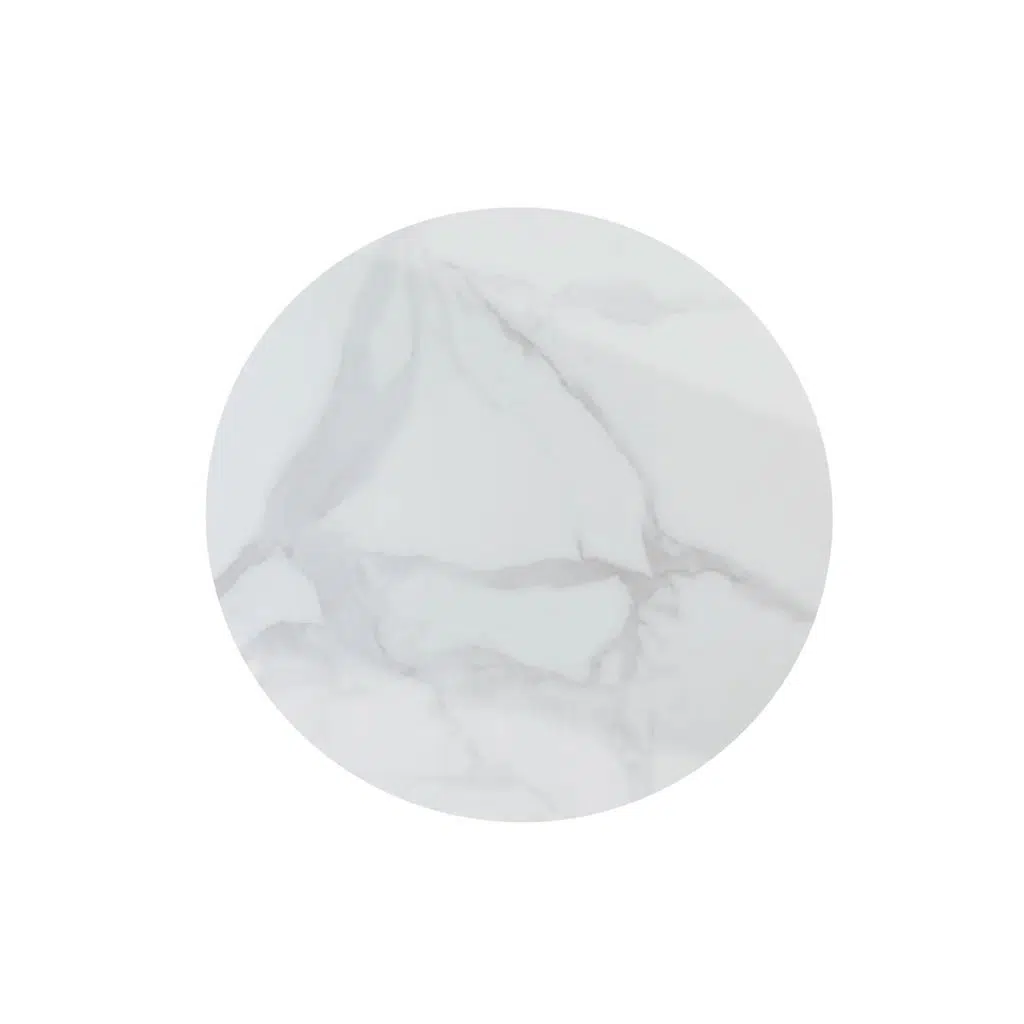 Harper round dining table with white marble-look sintered stone top and black timber legs