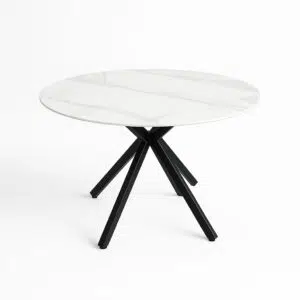 Harper round dining table with white marble-look sintered stone top and black timber legs