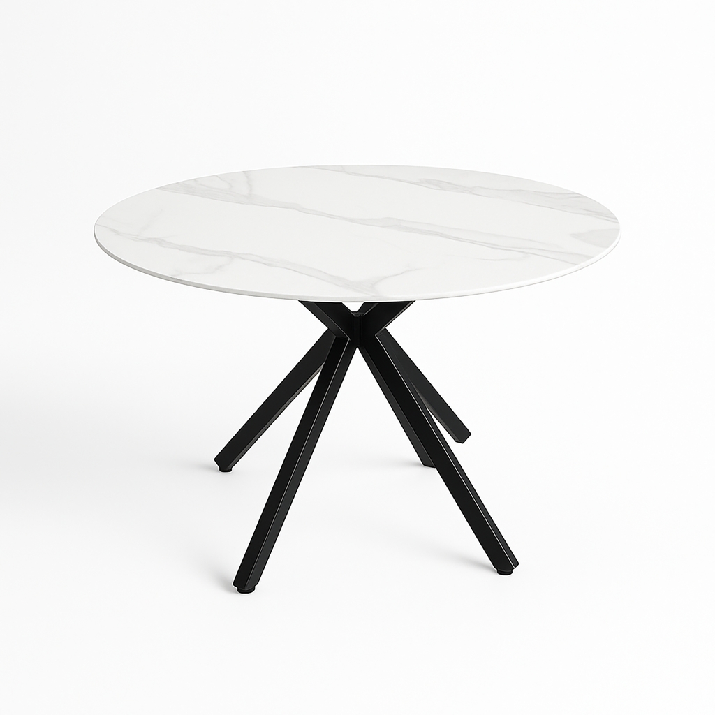 Harper round dining table with white marble-look sintered stone top and black timber legs
