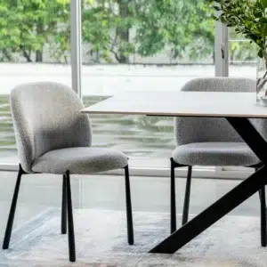 Miya Dining Chair Oyster White Set of 2 with boucle fabric and black metal frame