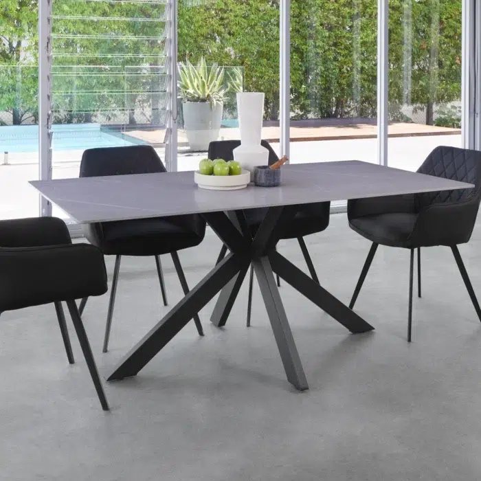 Lazio Dining Table in Bulgarian Grey with marble-effect ceramic top and black metal frame