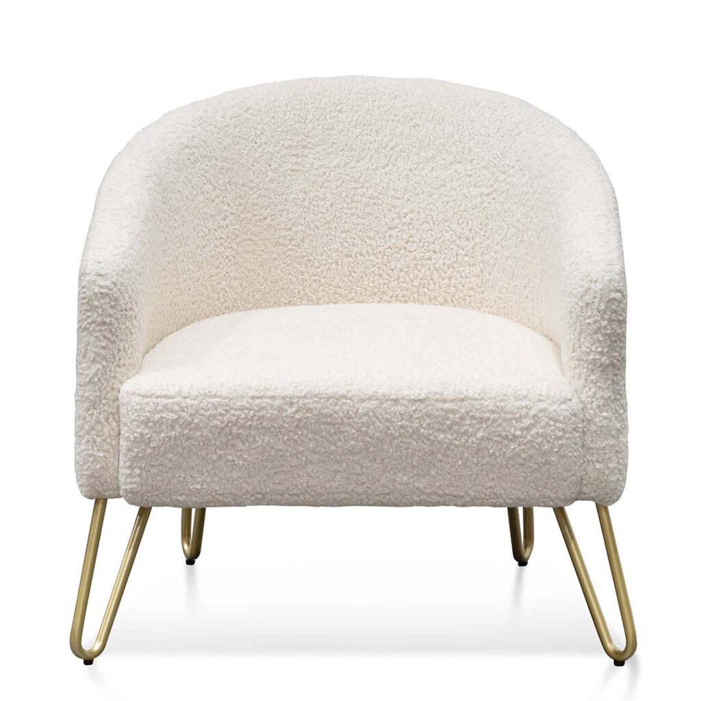 Ivory white synthetic wool armchair with golden hairpin legs for modern interiors