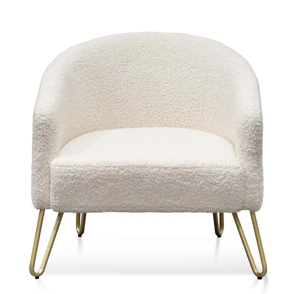 Ivory white synthetic wool armchair with golden hairpin legs for modern interiors