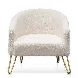 Ivory white synthetic wool armchair with golden hairpin legs for modern interiors