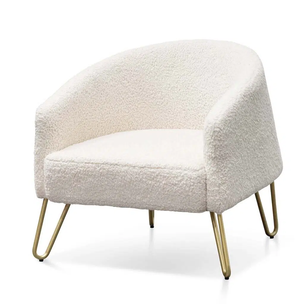 Ivory white armchair with golden legs and synthetic wool upholstery for modern spaces
