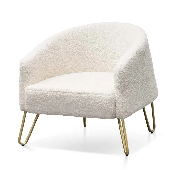 Adrianne Armchair – Ivory White Synthetic Wool with Golden Legs