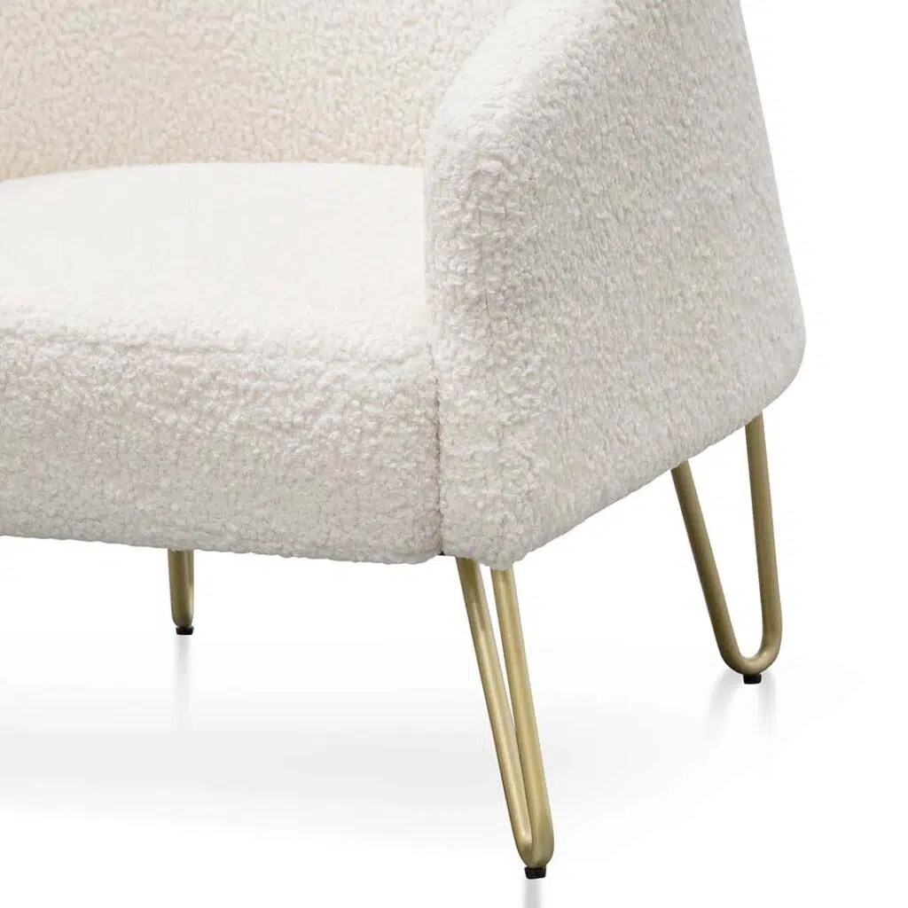 Ivory white armchair with golden legs synthetic wool modern luxury