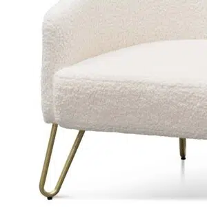 Ivory white synthetic wool armchair with golden hairpin legs for modern interiors