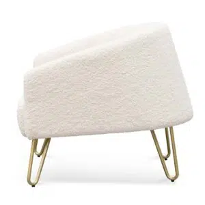 Ivory white synthetic wool armchair with golden hairpin legs for modern spaces