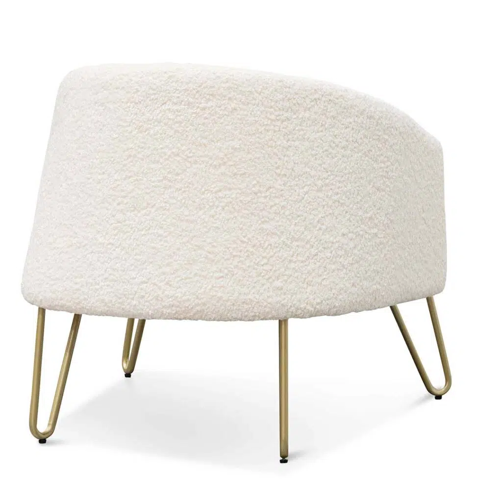 Ivory white synthetic wool armchair with golden hairpin legs for modern interiors