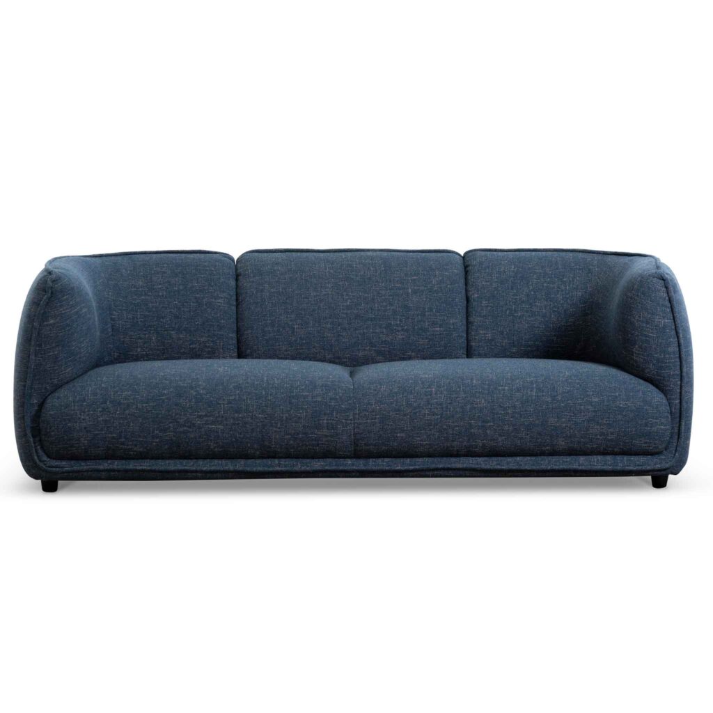 Aurora 3 seater dark blue fabric sofa with elegant curved design for modern living spaces