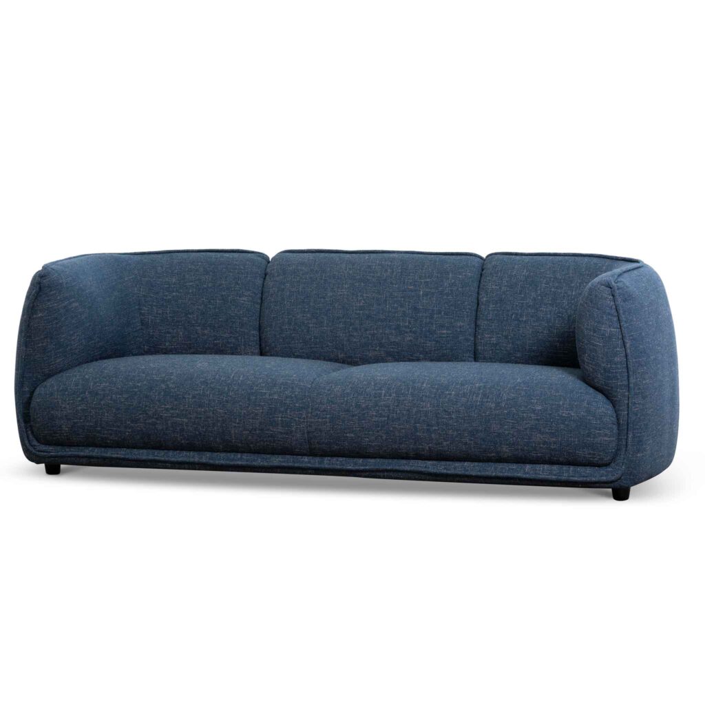 Aurora dark blue 3-seater fabric sofa with elegant curved silhouette and tailored piping