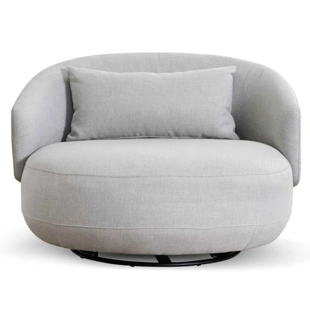 Maya swivel armchair in light texture grey with premium fabric and matte black base