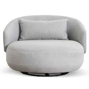 Maya swivel armchair in light texture grey with premium fabric and matte black base