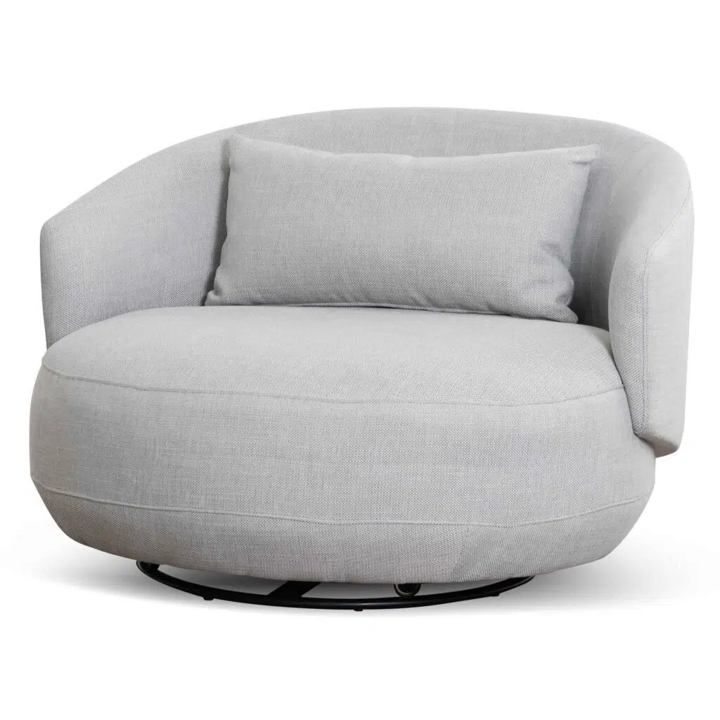 Maya swivel armchair in light texture grey with matte black base for modern interiors