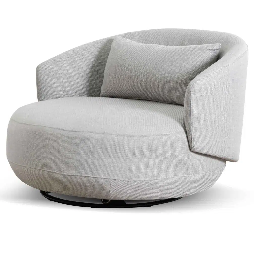 Maya swivel armchair in light texture grey with matte black base for modern interiors