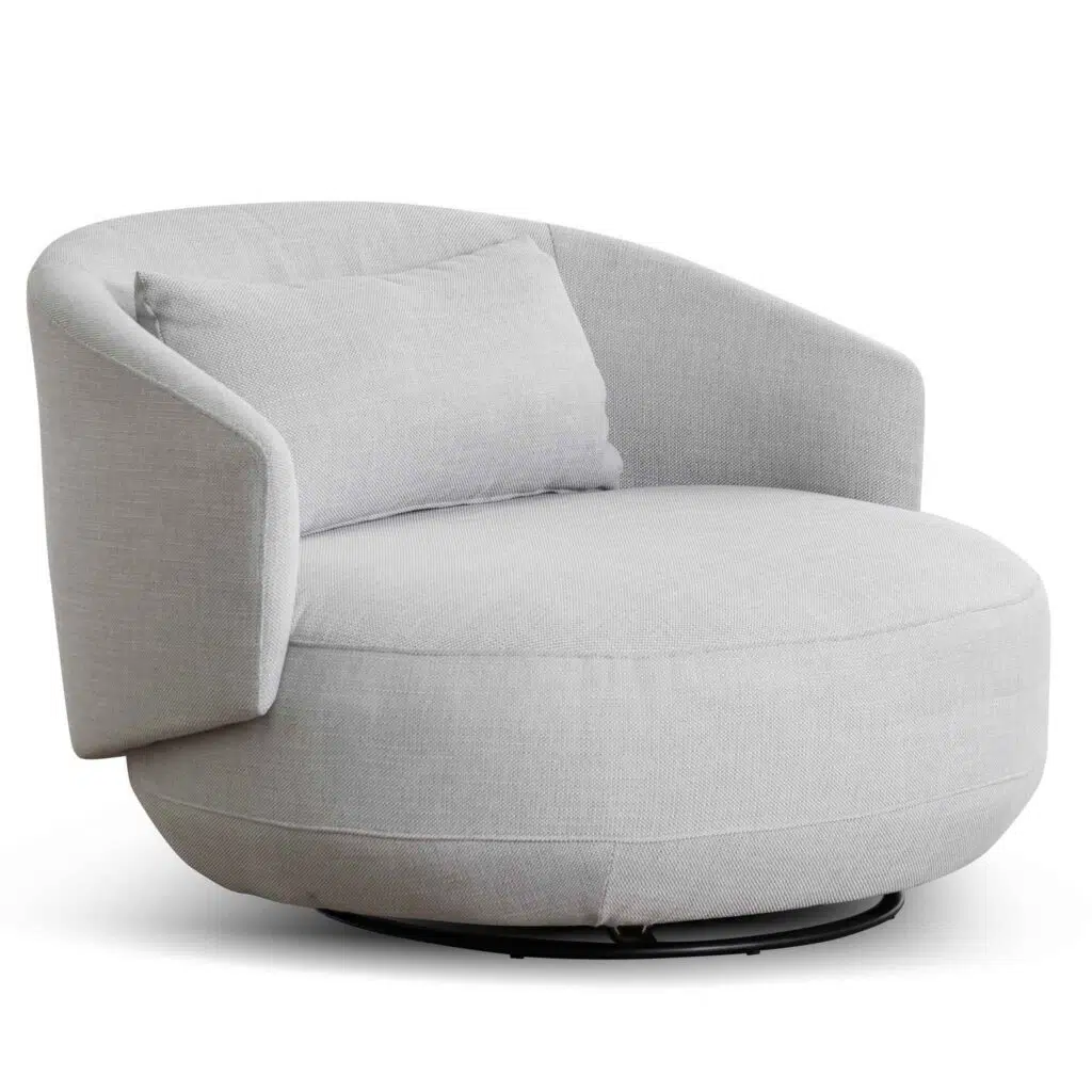 Maya swivel armchair in light texture grey with premium upholstery and matte black base