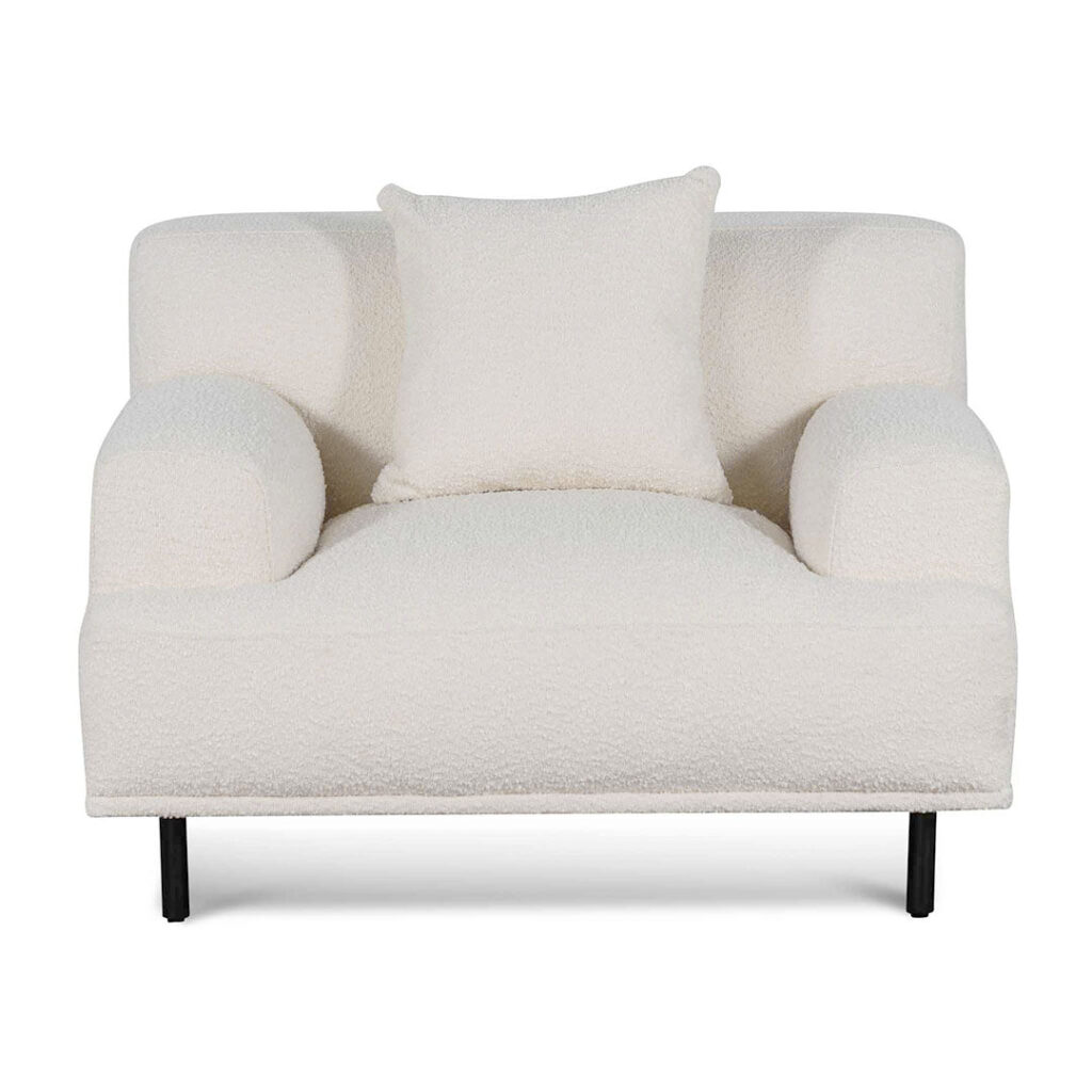 Ivory white boucle armchair with black legs for modern living rooms and cozy spaces
