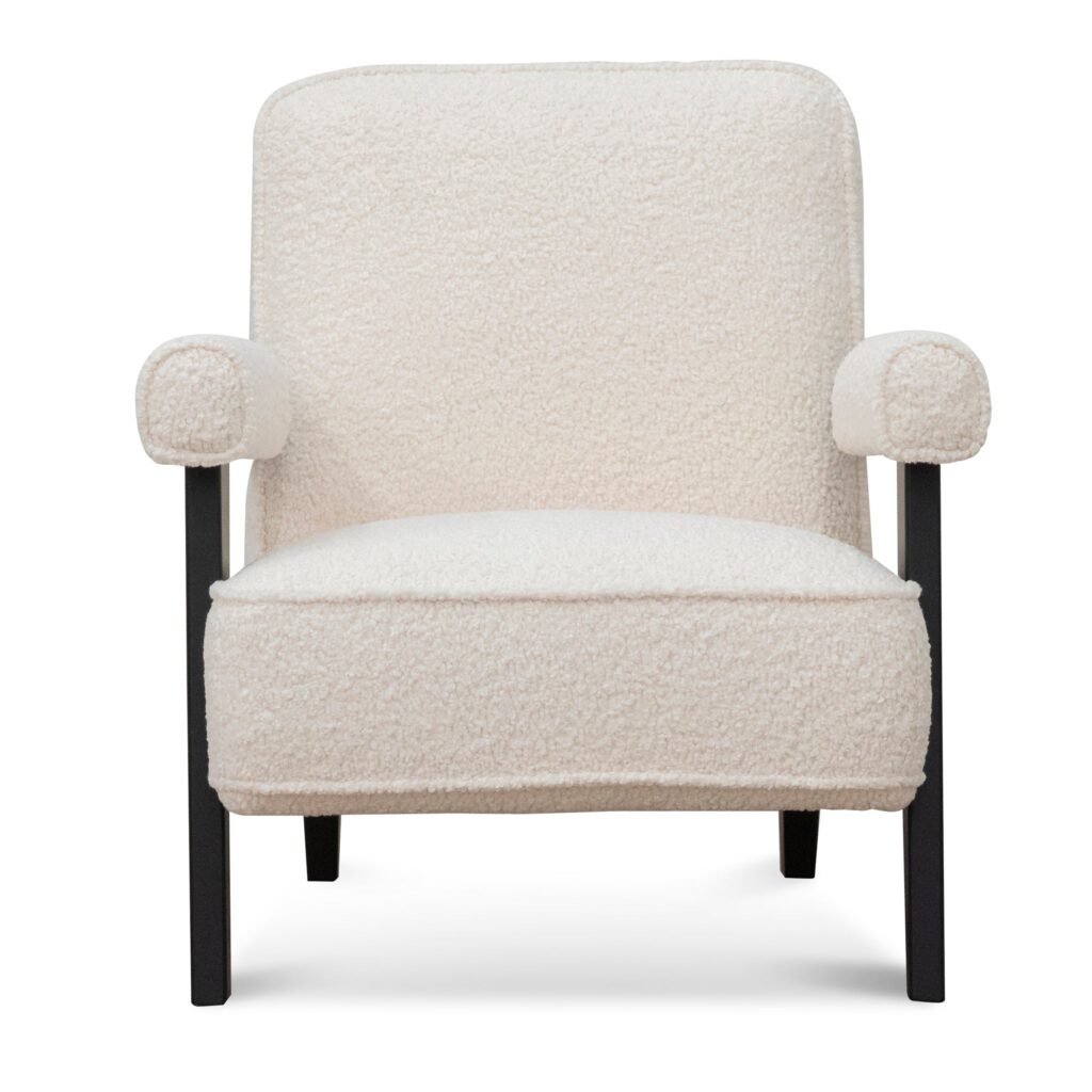Naomi armchair in ivory white sherpa with timber frame and birch legs for modern spaces