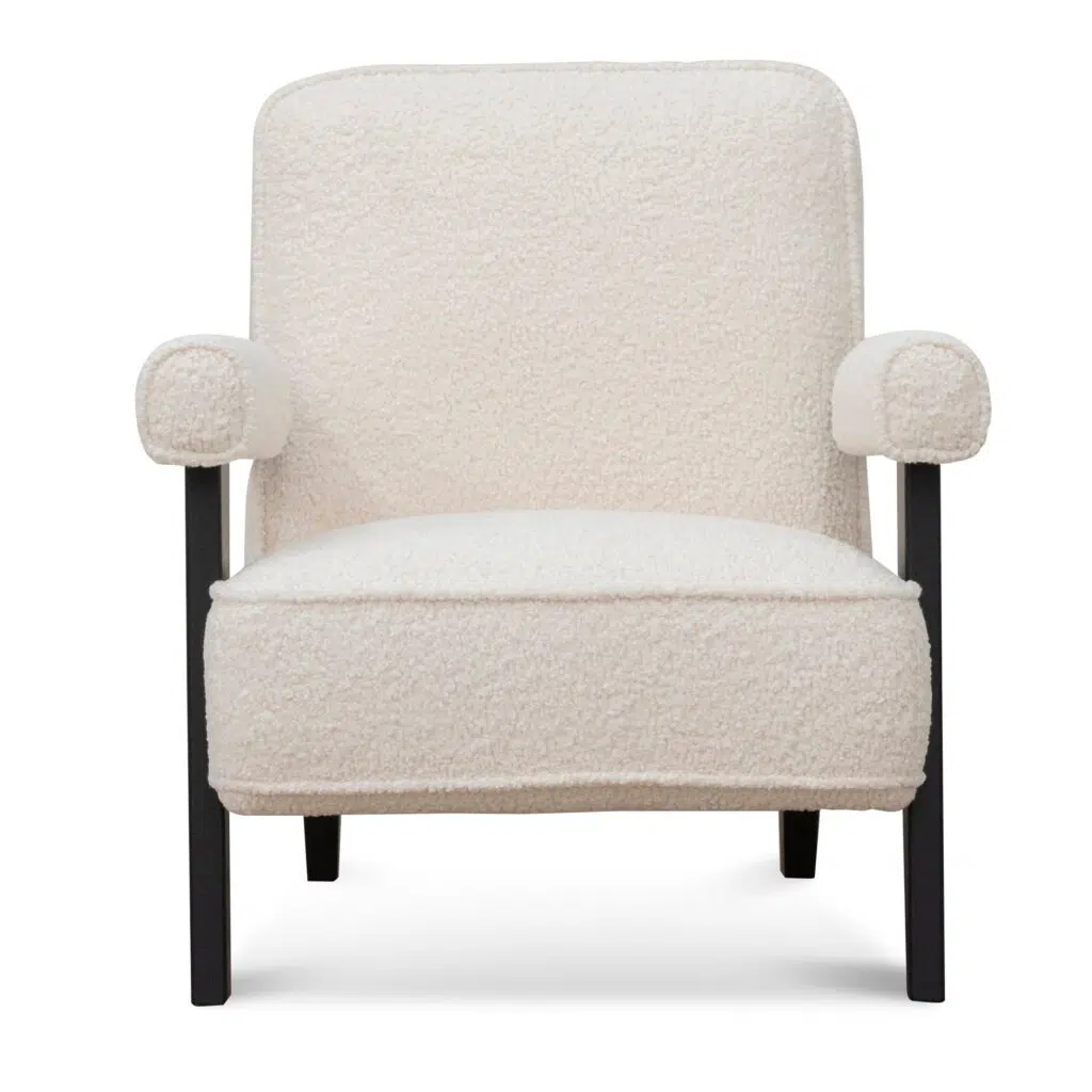 Naomi armchair in ivory white sherpa with timber frame and birch legs for modern spaces