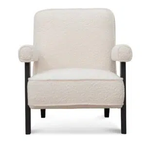Naomi armchair in ivory white sherpa with timber frame and birch legs for modern spaces