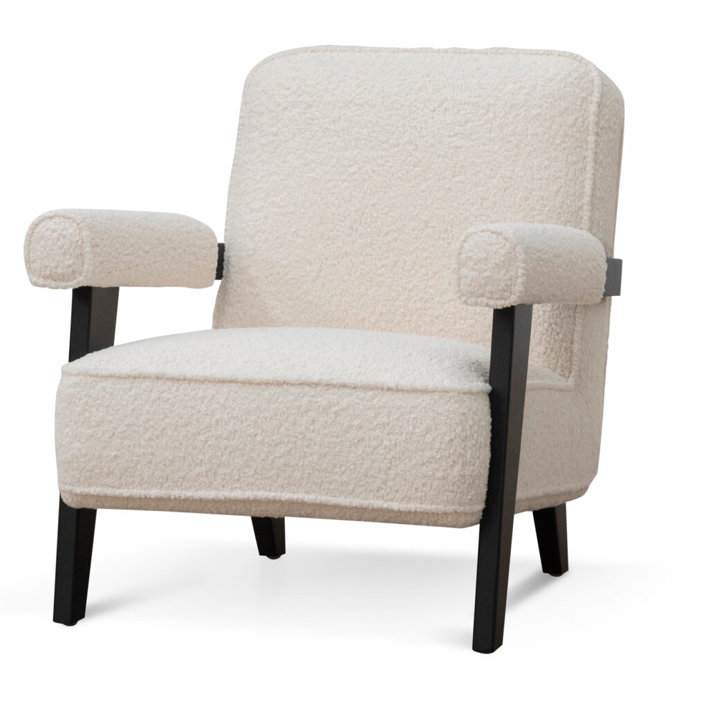 Ivory white Naomi armchair with birch wood frame and plush sherpa upholstery for modern spaces