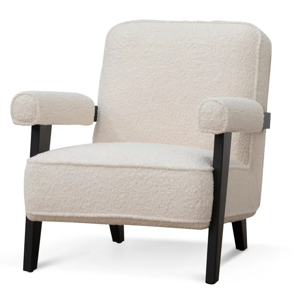 Ivory white Naomi armchair with birch wood frame and plush sherpa upholstery for modern spaces