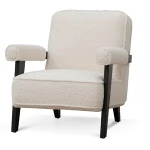 Ivory white Naomi armchair with birch wood frame and plush sherpa upholstery for modern spaces