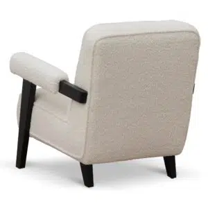 Ivory white Naomi armchair with timber wood frame and plush sherpa upholstery for modern interiors