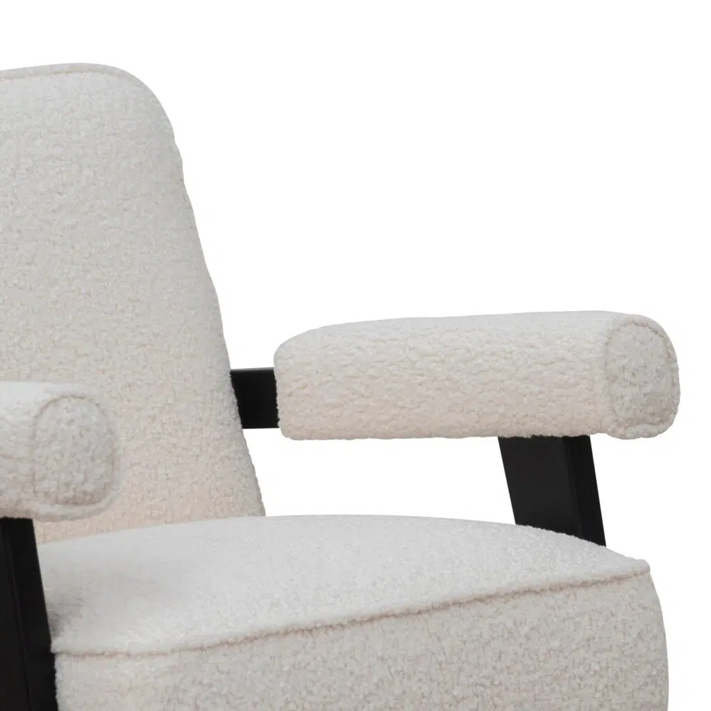 Ivory white Naomi armchair with timber wood frame and plush sherpa upholstery for modern spaces