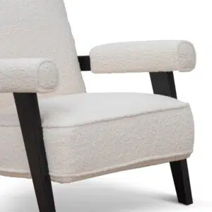 Ivory white Naomi armchair with timber wood frame and plush sherpa upholstery for modern spaces