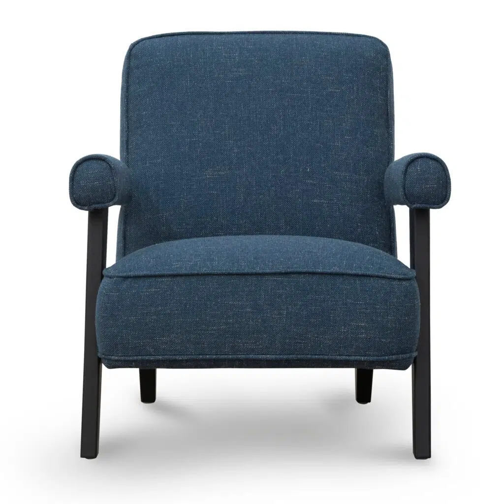 Damon armchair in dark blue fabric with birch legs and plush comfort