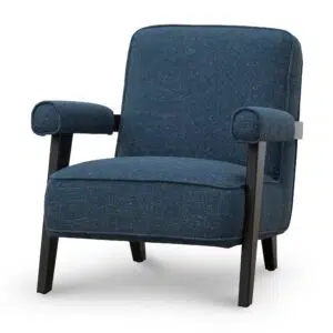 Damon armchair in dark blue fabric with birch legs and plush comfort for modern interiors