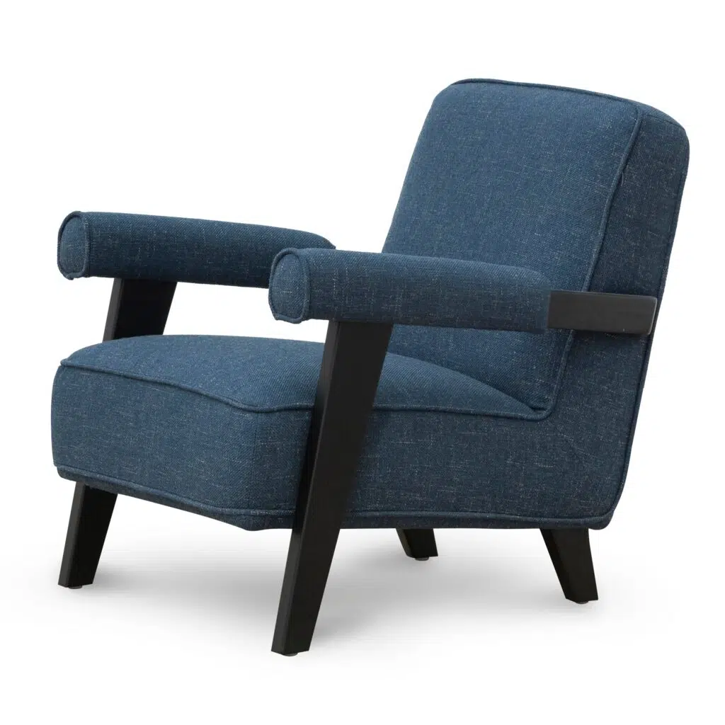 Damon armchair in dark blue with birch legs and fabric-wrapped armrests for modern interiors